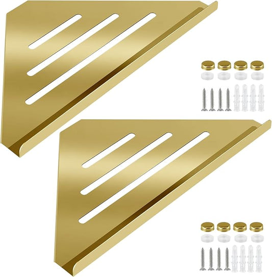 2 Pcs 304 Stainless Steel Corner Shelf with Screws, Triangle Shower Caddy, Wall Mount Soap Holder for Bathroom, Kitchen Organization (Polished Gold)