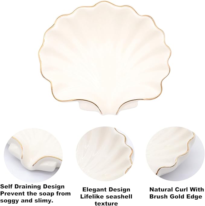 Seashell Style Ceramic Self Draining Soap Dish Waterfall Soap Dish Soap Savers for Bathroom,Shower,Bar Counter
