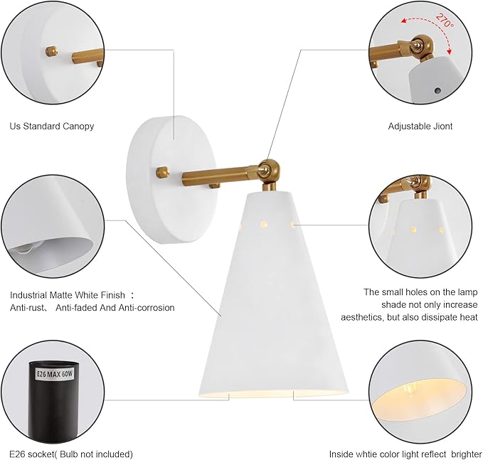 White Wall Sconces Set of Two, Modern Sconces Light Fixtures Hardwired with Metal Shade,Indoor Decor Arm Swing Lamp for Hallway,Bedroom,Living Room,Reading,Bedside,Kitchen,Nightstand