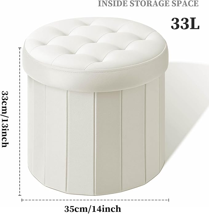 Folding Storage Ottoman Round 15Inch, Foot Stool with Thicker Foam Padded Seat Small Velvet Storage Ottoman Bench Foot Rest for Living Room Foldable Coffee Table,Beige