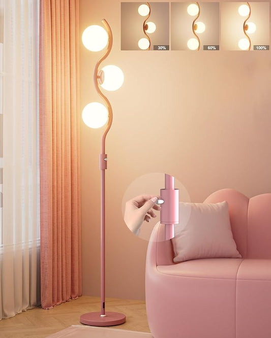60IN Dimmable (Brightness Adjustable) Pink Floor Lamp, Modern Standing Lamps with 3 Globe Soft Warm White 3000K Bulbs, Mid Century Floor Lamp for Living Room Bedroom Home Decor