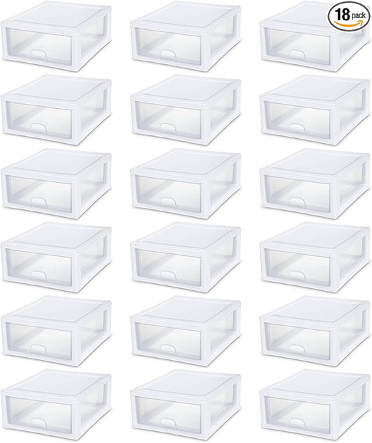 Sterilite 18-Pack 16 Quart Stacking Drawer, Clear Storage Closet Organizer, White Frame - Stackable Modular Plastic Drawers for Clothes, Accessories, Craft Supplies, Shoes or Linens
