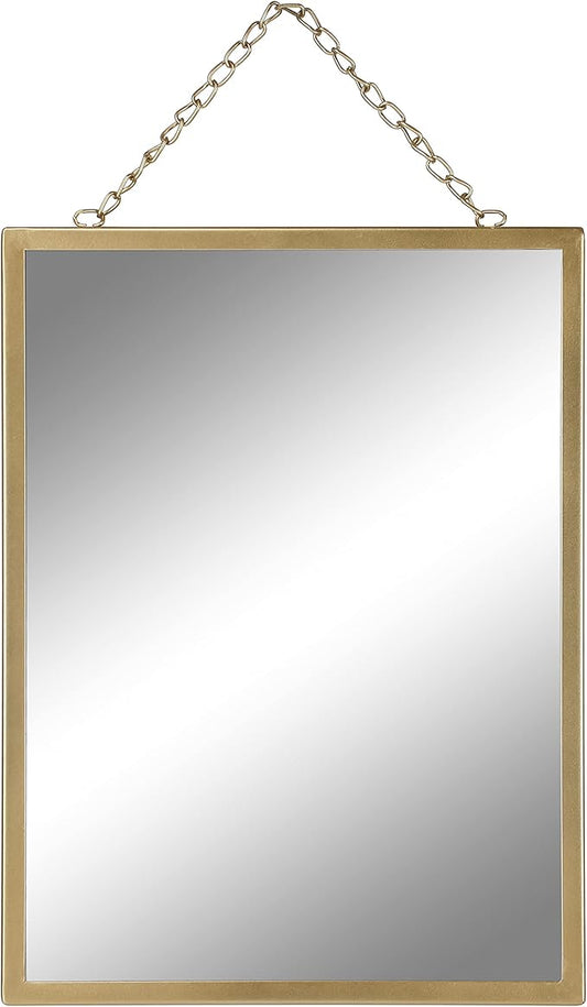 Gold Hanging Mirror with Chain, 12 x 16 Inch Rustic Wall Decor for Bathroom, Entry, Dining Room, and Living Room. Metal Rectangle Vanity Mirror, Decorative Mirror.