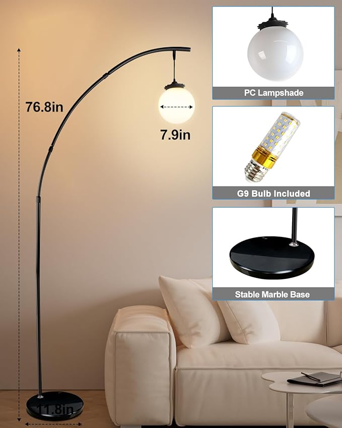 Lightdot Black Arc Floor Lamp for Living Room, 76Inch Tall Standing Lamp with Marble Base and Globe Bulbs Included, 3000K Warmwhite Modern Mid Century Floor Lamp for Bedroom & Home Office