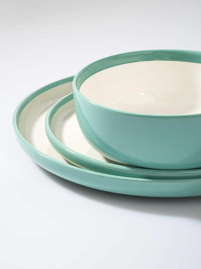 Famiware Lake MacDonnell Plates and Bowls Set for 4, 12 Pieces Dinnerware Sets, Handcrafted, Stoneware Dishes Set, Green and Beige