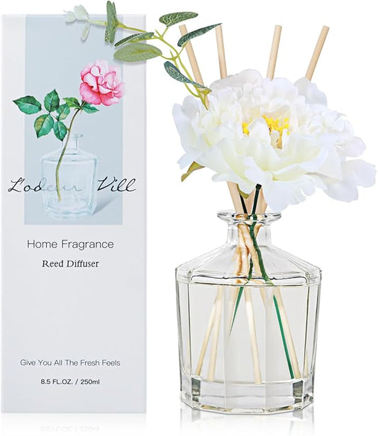 L'odeur Vill Reed Diffuser, 8.5 Oz(250ml) Gardenia Bathroom Diffuser with 10 Sticks, Scented Diffuser Home Fragrance Essential Oil Reed Diffuser Set for Home Large Rooms Bathroom Shelf Decor