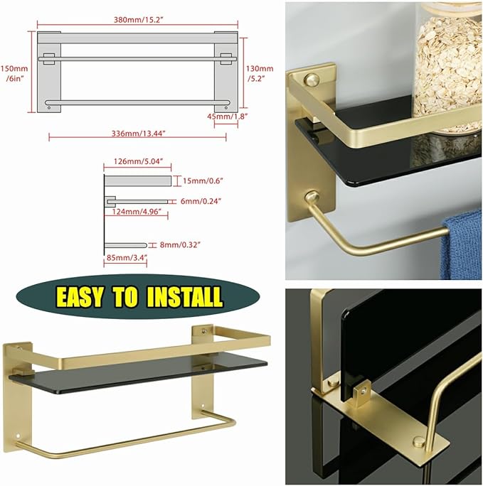 Alise Bathroom Shelves Glass Shelf with Bar,Wall Mount Floating Shelves for Bathroom,1 Tier Tempered Glass Holder Storage Organizer,SUS304 Stainless Steel Gold and Black GDL2001-GB