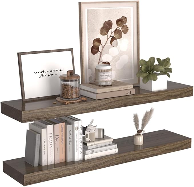 Floating Shelves for Wall, Natural Wood Shelf, Rustic Home Decor for Bathroom Kitchen Bedroom, 30 inch Hanging Mounted Invisible Bracket, Walnut Set of 2