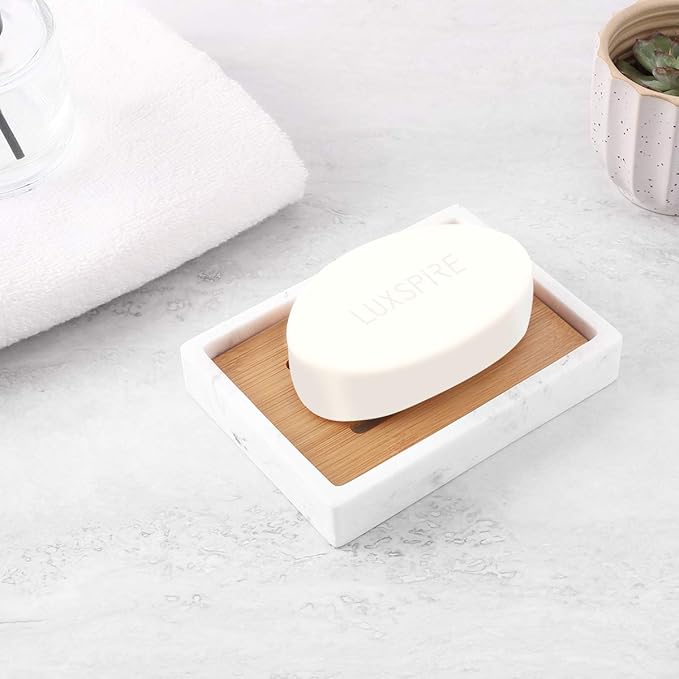 Luxspire Soap Dish Tray, Resin Soap Dish, Bamboo Soap Bar Holder Box for Shower Kitchen Sink, Double Layer Draining Soap Container Box, Wood Case, Bathroom Marble Pattern Tray