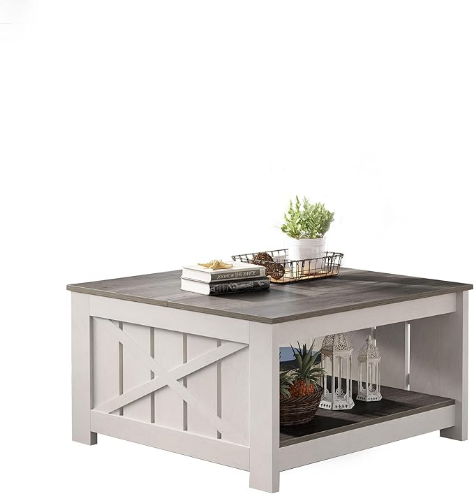 YITAHOME Coffee Table Farmhouse Coffee Table with Storage Rustic Wood Cocktail Table, Square Coffee Tables for Living Meeting Room with Half Open Storage Compartment, White and Light Brown