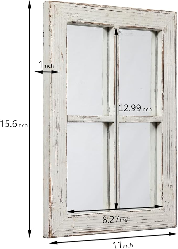 Rustic Small Window Pane Mirror Wall Decor 11 x 16 inches, Hanging Distressed White Farmhouse Rectangle Wood Frame Mirror, Handmade Decorative Window Mirrors for Living Room Christmas