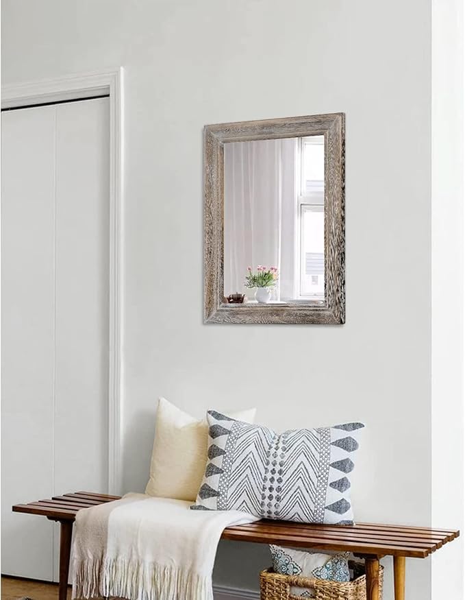 Rustic Mirror 20"x16" with Decorative Wood Framed Farmhouse Retro Hanging Wall Mirrors for Bathroom Bedroom Entryway