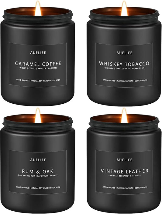 Scented Candles Set | Gifts for Men - 4Pack Masculine Candle for Father's Day, Soy Candle for Home Scented, Aromatherapy Gifts Scents of Caramel Coffee/Whiskey Tobacco/Rum & Oak/Vintage Leather