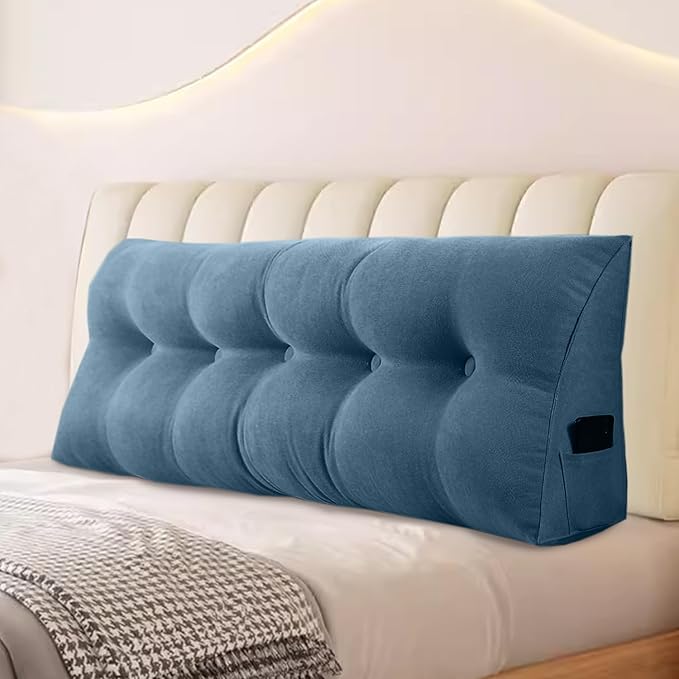 Large Triangular Headboard Pillows Long Backrest Positioning Support Bolster Cushion for Daybed Fluffy Quality Plush Body Wedge Pillow with Removable Cover(Dark blue-24x8x20in)