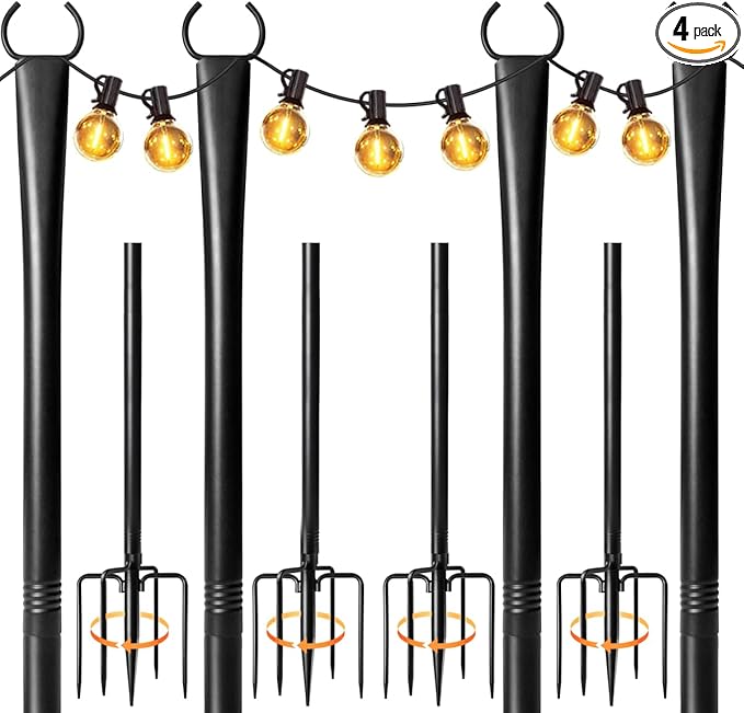4 Pack String Light Poles for Outside, 10ft Heavy-Duty Metal Light Poles for Outdoor String Lights with Fork, Adjustable Lighting Accessories for Patio Decor Backyard Yard Pergola Garden Decorations