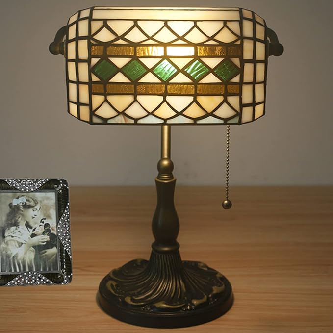 Tiffany Style Bankers Table Lamp Stained Glass Piano Desk Lamp Vintage Bedroom Bedside Lamp for Study,Antique Alloy Base,Zipper Switch,Green e