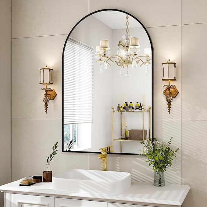 Arched Wall Mirror, 32 x 48 inch Arch Bathroom Mirror, Wall Mounted Vanity Mirror with Arch Metal Frame, Modern Bathroom Vanity Mirror for Bedroom, Living Room, Hanging or Leaning, Black