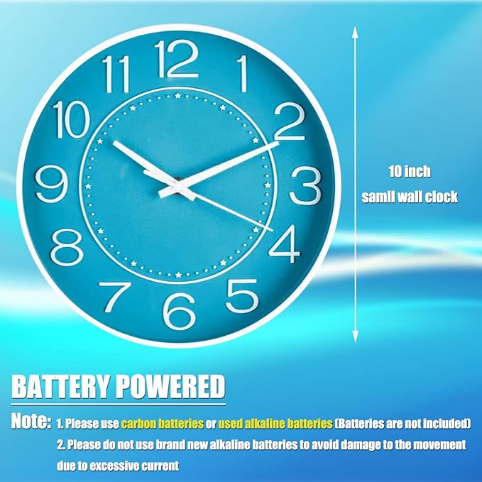 HZDHCLH 10 inch Small Wall Clocks Battery Operated,Blue Quartz Clock for Wall,Silent Non Ticking Modern Wall Clock for Living Room Bedroom Kitchen Office School Classroom Decor
