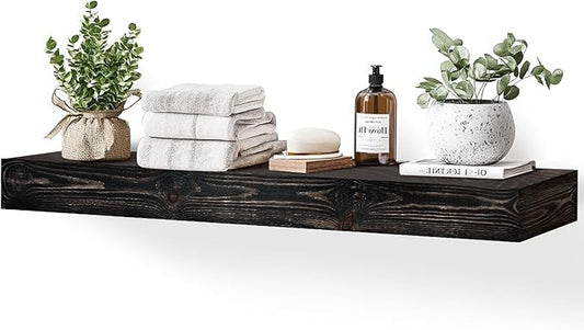 48x3x7in Solid Wood Floating Shelf – Black Rustic Wall Mounted Fireplace Mantel Shelf – Heavy Duty Decorative Storage for Living Room, Kitchen, Bathroom, Bedroom