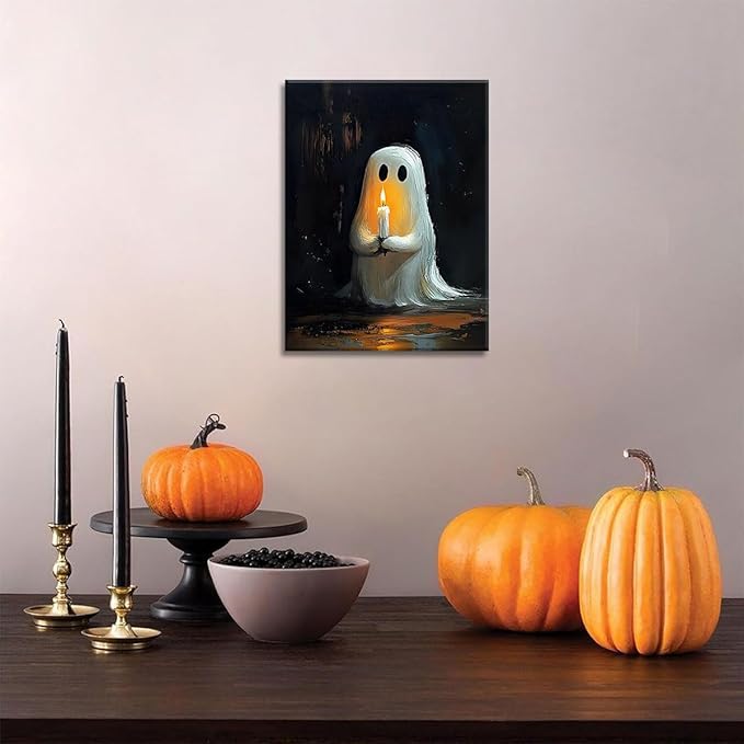 ILLBDR Cute Ghost Canvas Wall Art Halloween Decor Vintage Painting, Spooky Silhouette Ghost Holding Candle Haunted House Art, Bedroom Gothic Decor Ready to Hang, 12x16 Inch Framed