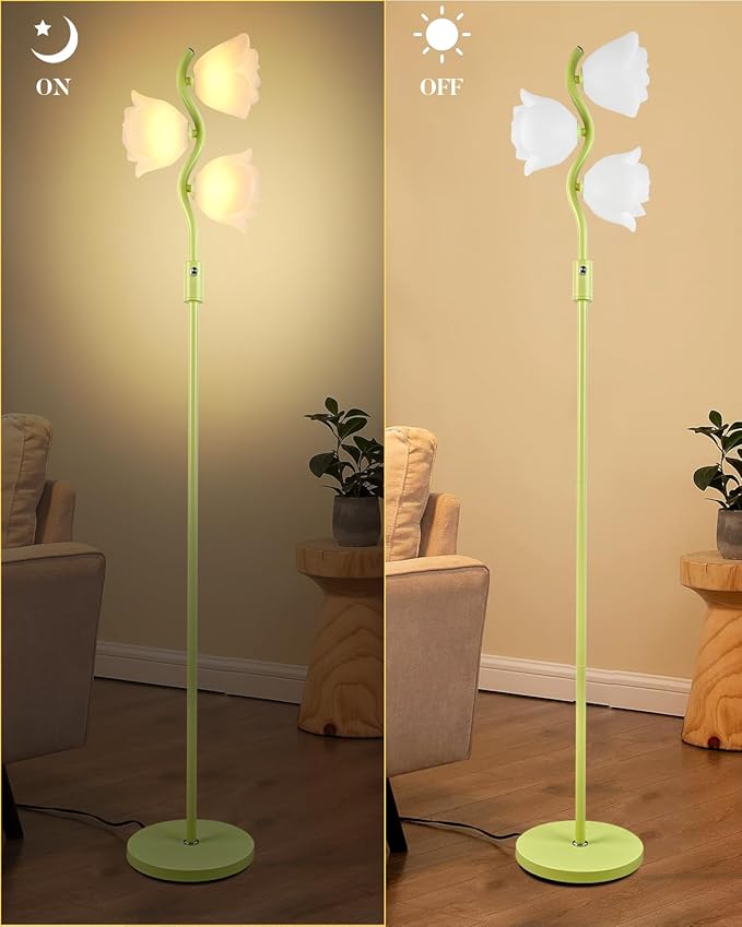 Dimmable Green Floor Lamp, Unique Cute Flower Standing Lamps with 3 Globe Soft Warm White 3000K Bulbs, Mid Century Modern Floor Lamp for Living Room Bedroom Home Decor