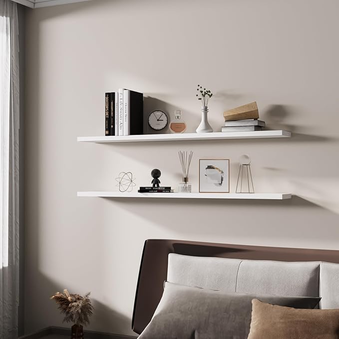 Floating Shelves 48 Inch Wall Shelf Solid Wood Mounted Storage for Bedroom Living Room Set of 2, White Wall Shelves