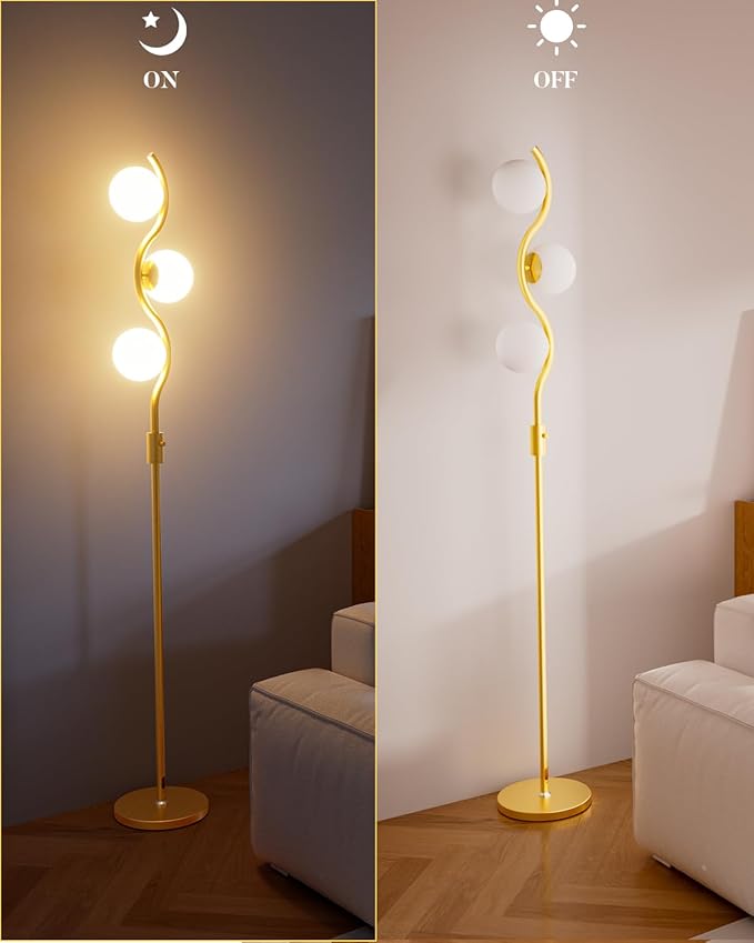 60IN Dimmable (Brightness Adjustable) Gold Floor Lamp, Modern Standing Lamps with 3 Globe Soft Warm White 3000K Bulbs, Mid Century Floor Lamp for Living Room Bedroom Home Decor