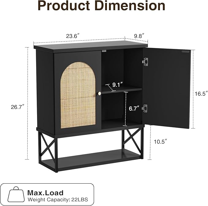 Rattan Bathroom Wall Cabinet, Boho Medicine Wall Cabinet with Double Doors and Adjustable Shelves, Tall Kitchen Wall Mounted Storage Cabinet, Floating Space Saver Over Toilet, Black
