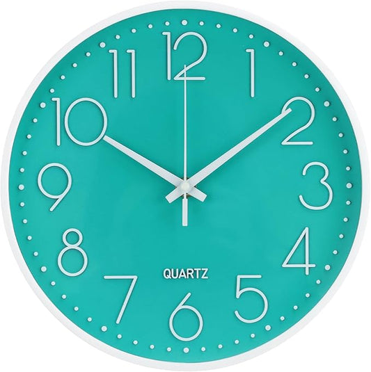 Wall Clock Non-Ticking Silent Modern Simple Style Round Decor Clock Stereoscopic Dial Quartz Wall Clocks for Home/Office/School/Living Room/Bedroom/Kitchen (Turquoise, 8inch)
