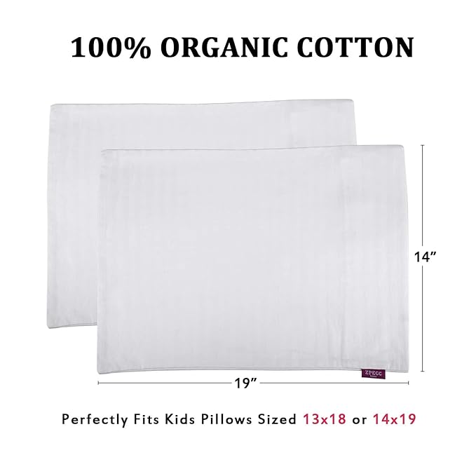Toddler Pillowcases Set of 2, Hypoallergenic 14x19 Pillow Cover Fits Pillows Sized 13x18 or 14x19, 100% Soft Cotton Envelope Closure Kids Pillowcase for Sleeping, Machine Washable, White Stripe