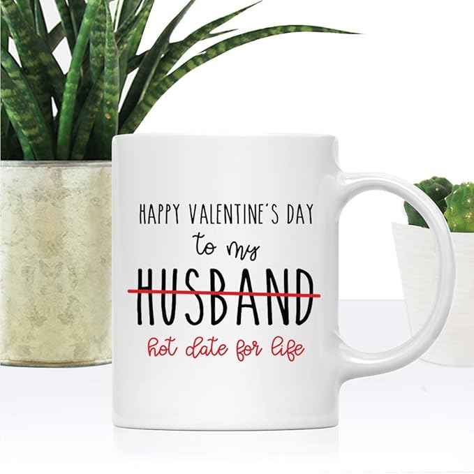 Andaz Press Valentine’s Day Funny 11oz. His Her Couples Coffee Mug Gift, Happy Valentine's Day To My Husband Hot Date For Life, 1-Pack, Gift Box