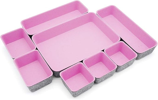 Welaxy desk drawer organizers tray dividers felt storage box bin for office suppliers makeup crafts pens decluttering 8-piece back to school solution (Light pink)