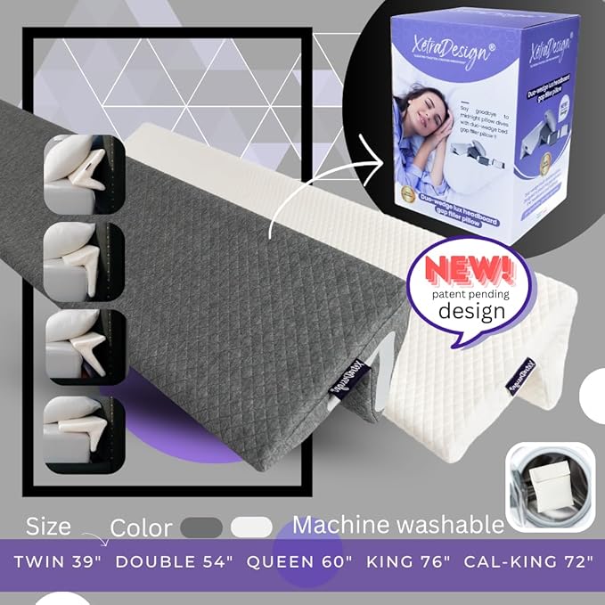 Bed Wedge Pillow for headboard Mattress Gap DuoWedge lux. (Grey Queen 60") The Perfect Filler for Gaps up to 7"