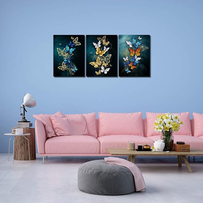 Living Room Wall Decor Canvas Wall Art for Bedroom Bathroom wall painting Artwork Blue background Abstract butterfly pictures office wall decorations for kitchen 3 Panels Modern fashion family decor