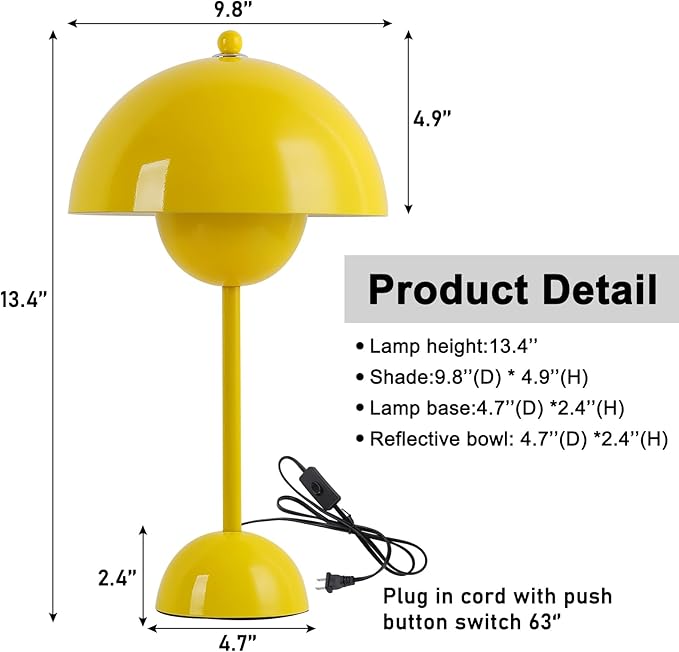 COSYLUX Modern Small Table Lamp for Bedroom, Cute Dome Shade Reflecting Light Reading Lamp for Living Room, Kid's Room, Study, Office, Beside Bedside Nightstand Desk Lamp(Yellow)