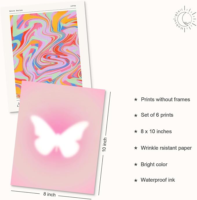 Habseligkeit Pink Wall Art Prints, Abstract Gradient Wall Posters, Buttefly Wall Art, Pink Room Decor for Aesthetic Bedroom 8x10inch, Unframed