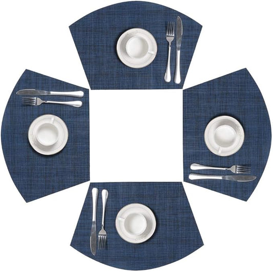 SHACOS Small Round Table Placemats Wedge Placemat Set of 4 Non Slip Heat Resistant Woven Vinyl Table Mats Wipe Clean Indoor Outdoor (4, Blue Black)