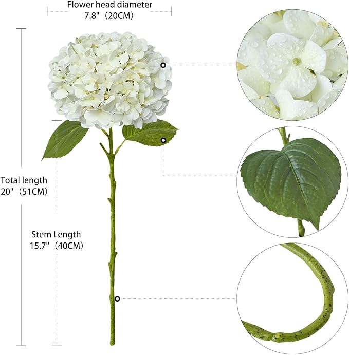 4PCS White Artificial Flowers Hydrangea 20" Real Touch Latex Faux Hydrangeas Silk Flowers with Green Leaves Stems for Short or Tall Vase Table Party Center Fake Bouquet Decor