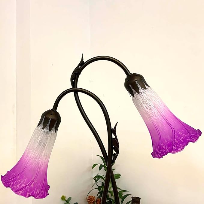 Bieye L10850 Lily Flower Blown Glass Accent Table Lamp for Living Room Bedroom Decoration (2-Light, Purple)
