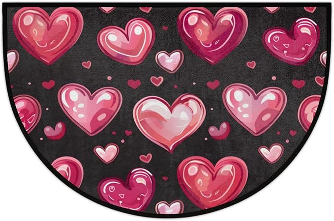 Half Round Black Door Mat Non Slip Bath Mats Love Heart Front Porch Rugs Cute Shower Mat for Living Room Bedroom Kitchen Bathroom Home Decor Gifts