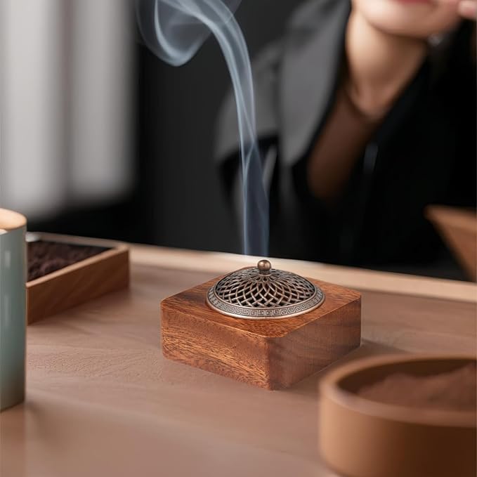 Acacia Wood Incense Burner for Cones & Coils, with Sticks Holder - 3-in-1, Zen Meditation Yoga Home Room Decor