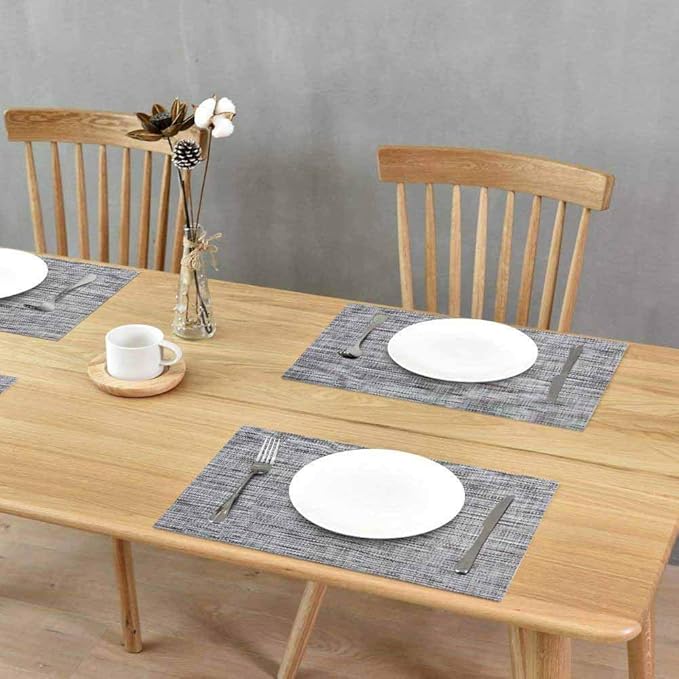 GIVERARE Placemats Set of 6, Heat-Resistant Woven Vinyl Place Mat, Non-Slip Washable PVC Table Mats, Easy to Clean Premium Plastic Place at for Dining, Kitchen Table (Smoky Gray)