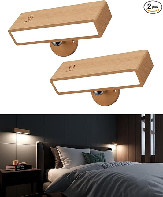 YiLaie Wall Sconces Battery Operated Set of Two,Rechargeable Wall Lamps for Bedroom,Wall Lights Wireless Dimmable,Wood Wall Sconce with 360 Rotation,Peel and Stick Wall Sconces for Bedroom Bedside