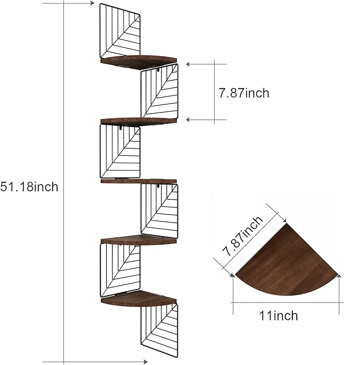 Love-KANKEI Corner Shelf Wall Mount of 5 Tier, Rustic Wood Floating Shelves Wall Shelves for Bedroom Living Room Bathroom Kitchen Office and More Dark Walnut
