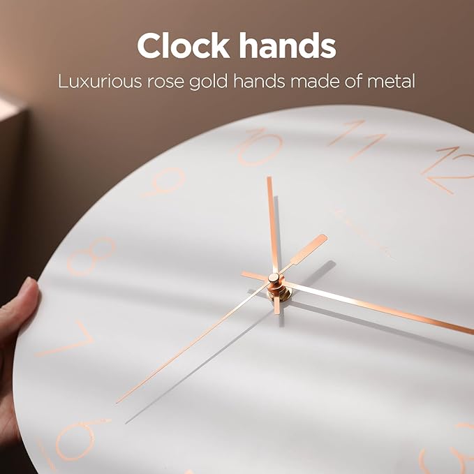 mooas Flatwood Wall Clock (Rose Gold),12" Non-Ticking Sweep Movement Decorative Battery Operated Wall Clock for Home Living Room Kitchen Bedroom Office School