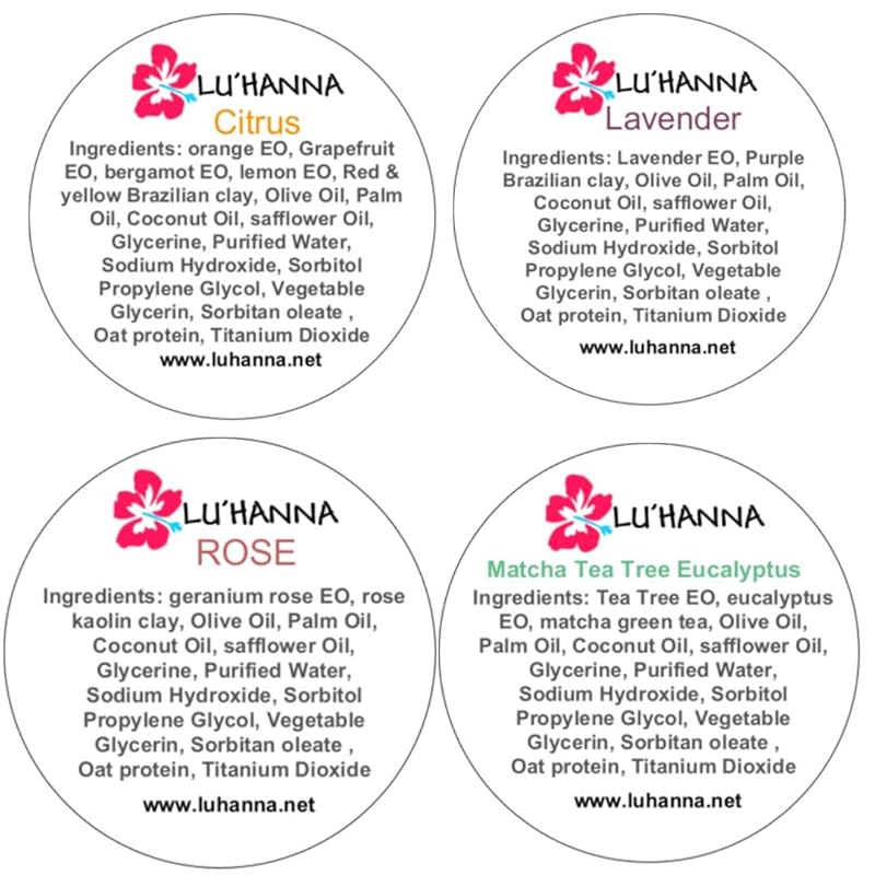 LU'HANNA Handmade All-Natural Castile Soap w/Essential Oils & Organic Clays, Rose, Lavender, Citrus, Tea Tree Eucalyptus, (Pack of 4, 3.5 oz each)