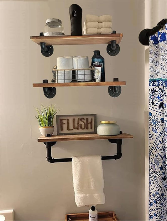 Industrial Pipe Bathroom Shelves with Towel Bar Rustic Wall Mounted Wood Floating Shelving Bookcase Farmhouse Home Decor for Bathroom Bedroom Kitchen Living Room Office,Set of 3