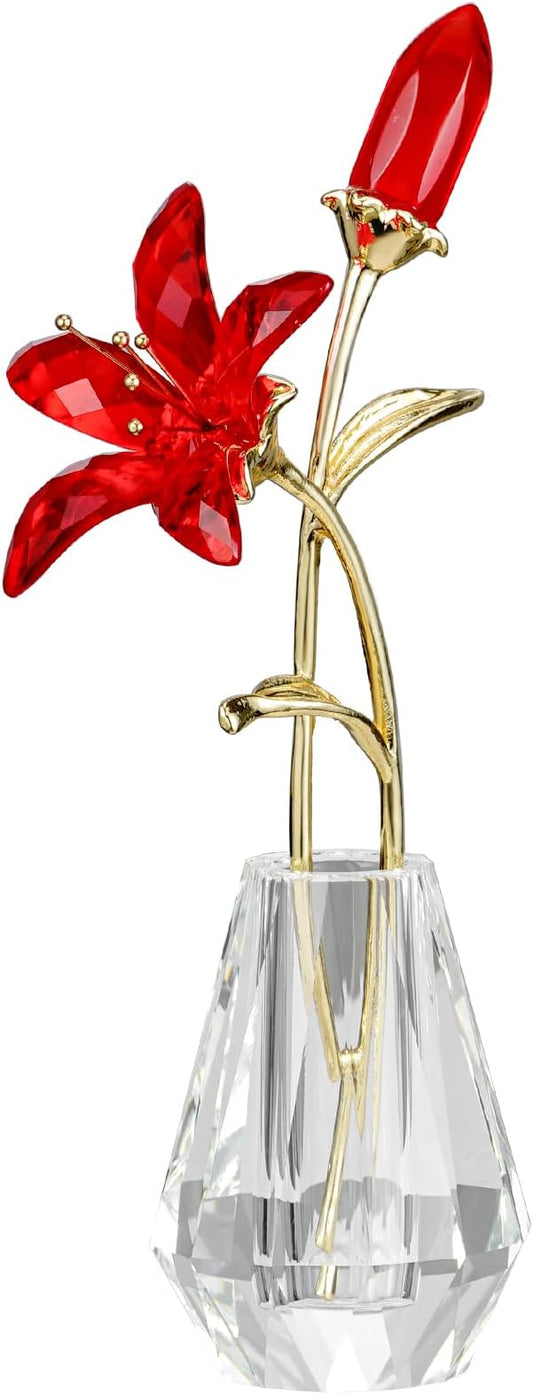 Crystal Lily Figurine, Glass Flowers with Stem,Flower Collectible Gifts for Woman, Wedding Party Decor(Red)