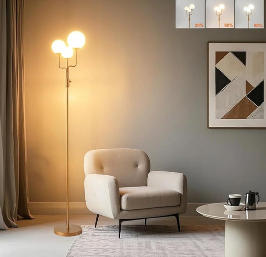 Fiqevs Dimmable 3 Globe Sputnik Floor Lamp, Mid Century Modern Tree Floor Lamp with 3 x 800LM LED Bulbs and Glass Shade, Elegant Antique Brass Gold Standing Lamp for Living Room, Bedroom, Office