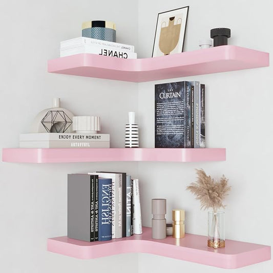 SAUMONIERES Corner Floating Shelves Wall Mount Shelf Solid Wood for Bedroom Bathroom Room Kitchen Storage Set of 3, Pink, Invisible Brackets